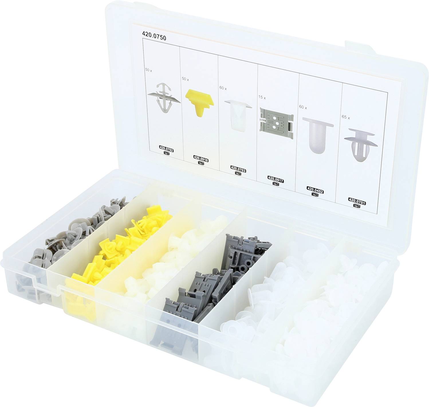 Kunststoff-Organizer-Box mit beschrifteten Fächern für assortierte Automotive-Clip-Befestigungen in Grau, Gelb, Schwarz und Weiß.