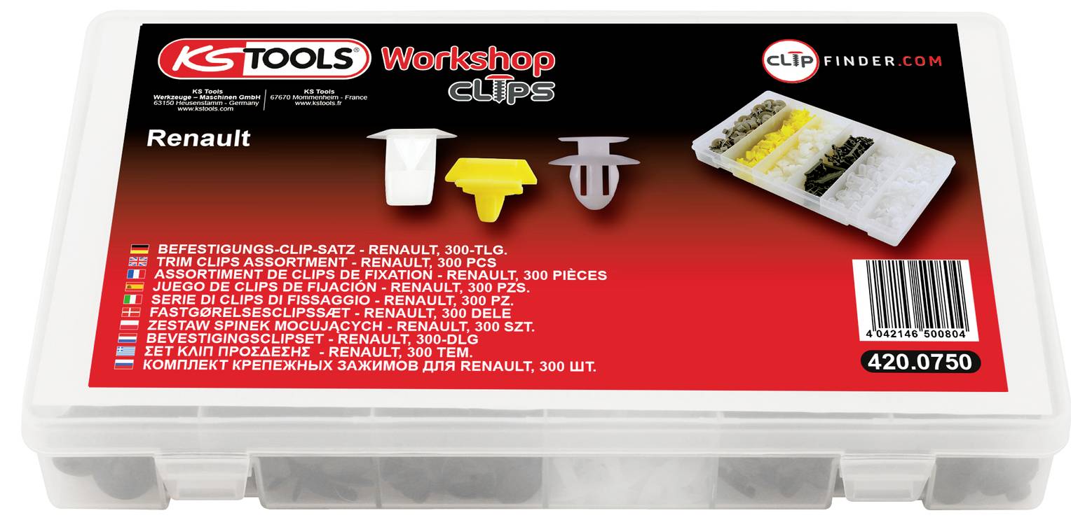 KSTools Werkstatt-Clips Renault-Zierleisten-Clip-Sortiment in Kunststoffkoffer, beschriftet mit Clip-Typen, 300 Teile, Artikelnummer 420.0750.