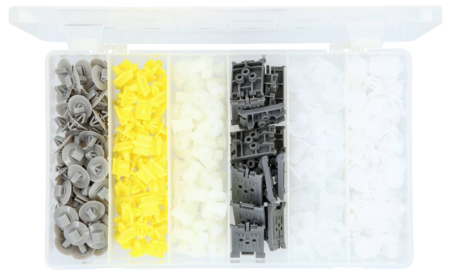 Offene Organizer-Box mit sechs Fächern, die verschiedene kleine Kunststoffteile in Grau, Gelb, Weiß und Schwarz enthält.