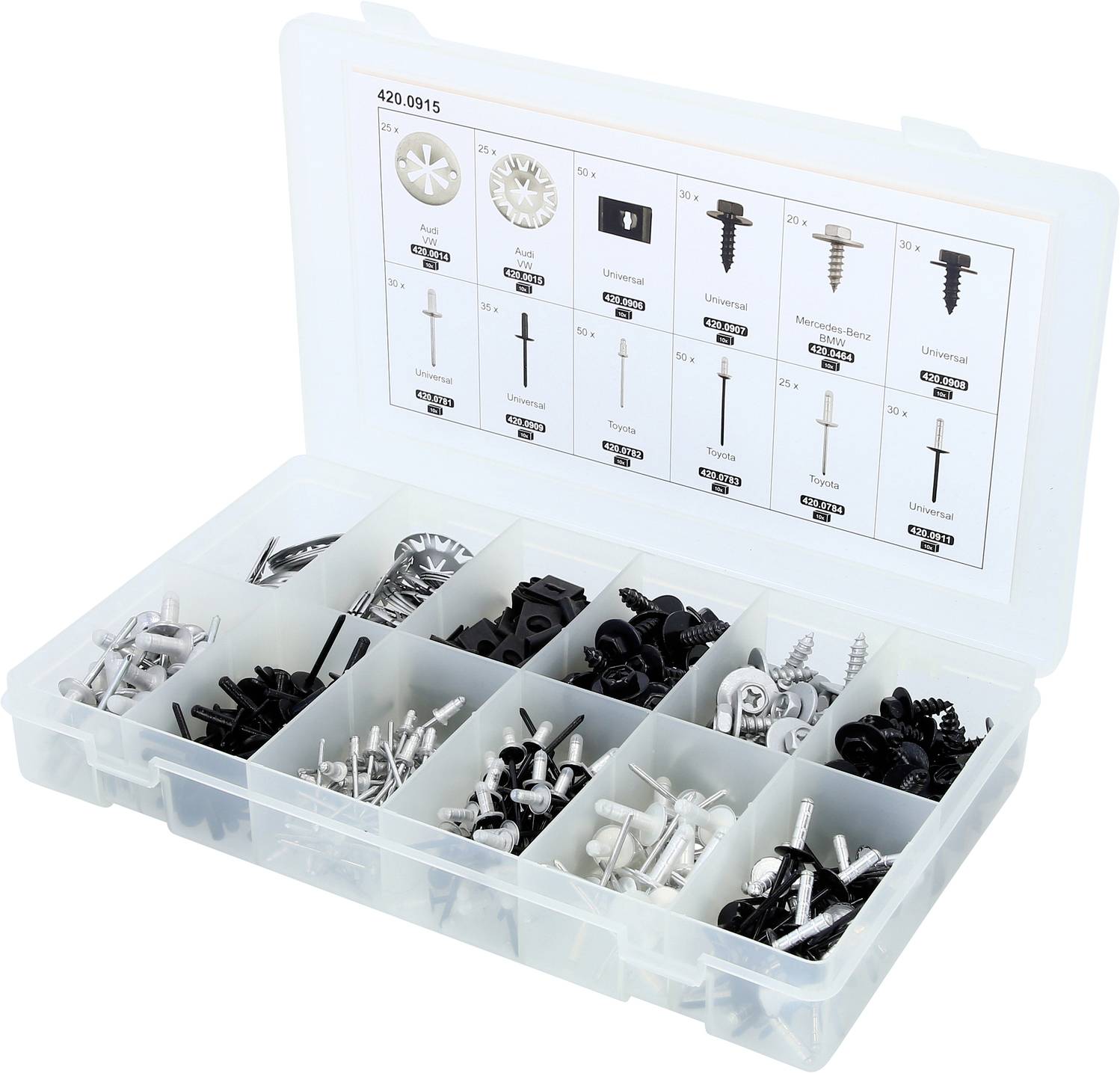 Kunststoff-Organizer-Box mit sortierten Schrauben und Befestigungselementen in separaten Fächern, Deckelbezeichnung zeigt Teiltypen und Mengen.