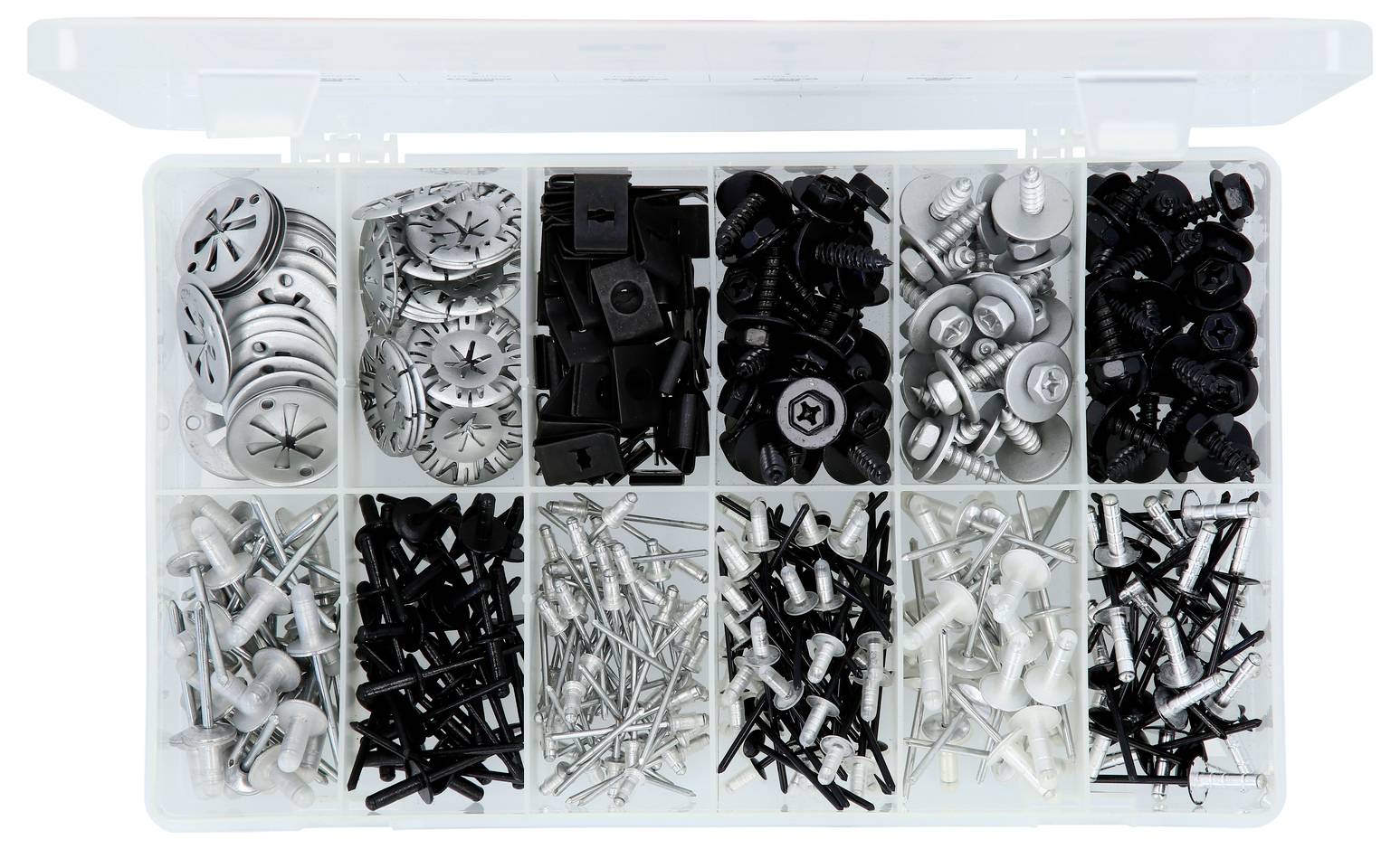 Offene Kunststofforganizer-Box mit mehreren Fächern, die verschiedene Befestigungselemente enthalten: Schrauben, Nägel, Dübel, Unterlegscheiben und Befestigungsclips.
