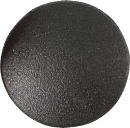 Eine schwarze, flache, runde Taste oder Knopf, möglicherweise für ein elektronisches Gerät oder Bedienfeld.