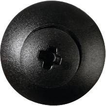 Eine schwarze Schraube mit Kreuzschlitzkopf auf einer dunklen Oberfläche, von oben betrachtet.