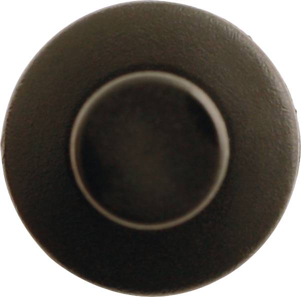 Schwarzer Knopf aus Kunststoff in Draufsicht, mit erhabenem Mittelbereich.