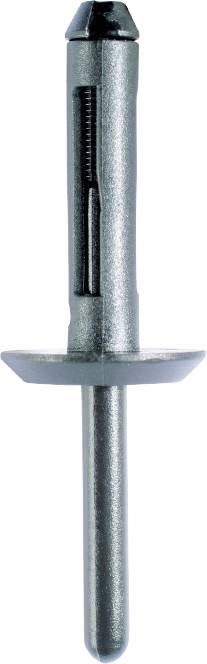 Metallischer Blindniet in zylindrischer Form mit breitem Kopf und Stift, meist zur Verbindung von Blechen und Materialien verwendet.