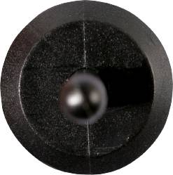 Schwarzer, runder Knopf mit zentralem, hervorstehendem Stift, möglicherweise Teil eines elektronischen Geräts oder Schalters.
