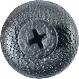 Ein Schraubenkopf mit Kreuzschlitz aus metallischem Material, von oben betrachtet. Die Oberfläche ist rau und strukturiert.