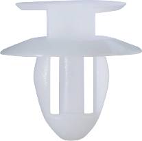 Eine weiße Plastikverbindungsstück, das häufig in Konstruktionen oder Montagen verwendet wird. Es hat eine flache Kappe und eine zylindrische Basis.