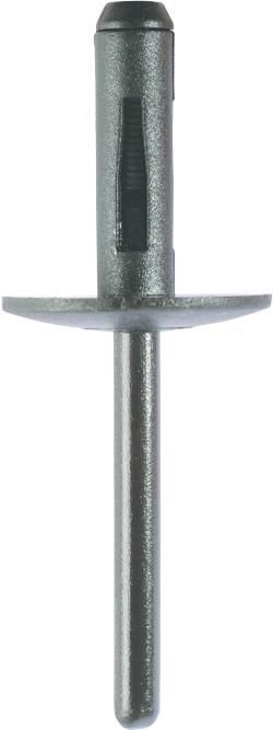 Silberfarbene Blindniete mit langer Spitze und flachem Kopf, zur Befestigung von Materialien in der Metallverarbeitung.