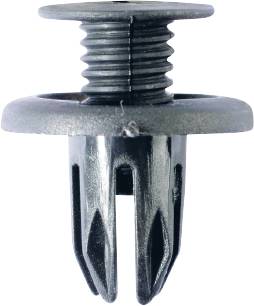 Schwarzer Kunststoff-Push-Pin-Befestigungsclip mit gerilltem Schaft und rundem Kopf, zur Sicherung von Paneelen oder Muttern.