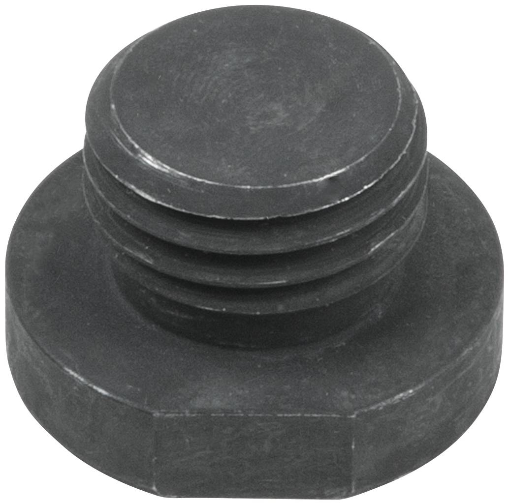 Schwarzer, zylindrischer Stopfen mit Gewinde, wahrscheinlich aus Metall oder Kunststoff, zur Abdichtung von Öffnungen oder Rohren.