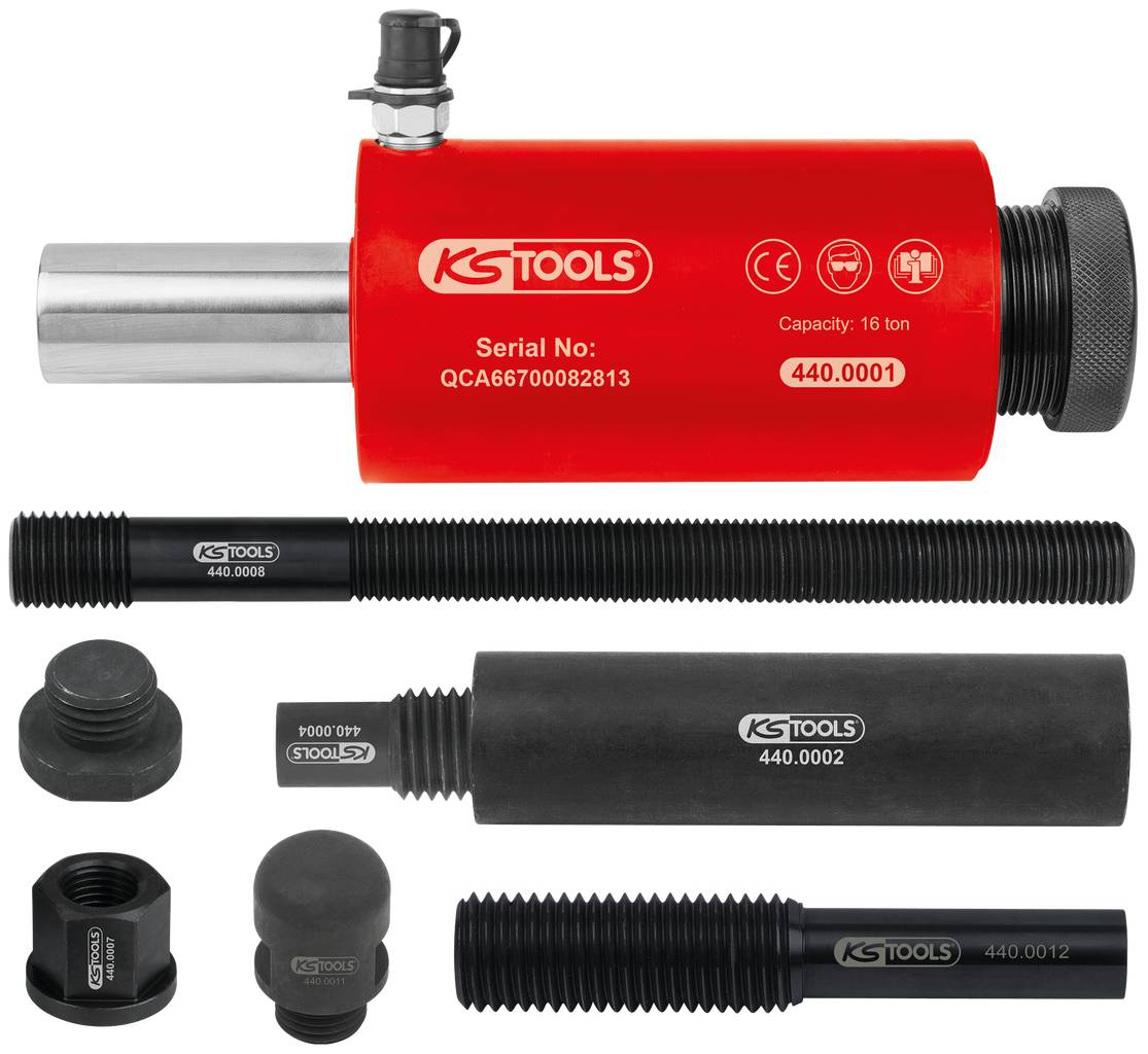 'KS TOOLS' hydraulische Presse, Seriennummer QCA66700082813, Belastbarkeit 16 Tonnen. Enthält diverse Aufsätze und Zubehörteile.