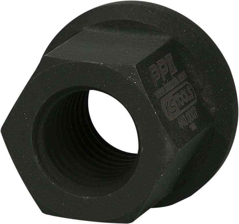Schwarze, sechskantige Mutter mit Innengewinde, auf der der Markenname eingeprägt ist. Eignet sich für mechanische Befestigungen.