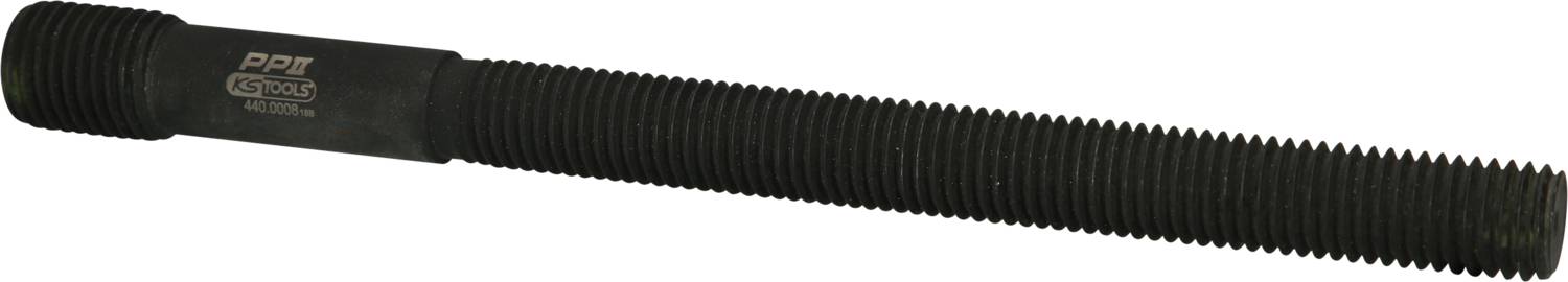 Ein langer Gewindestift mit geriffelter Struktur und Herstellerlogo.