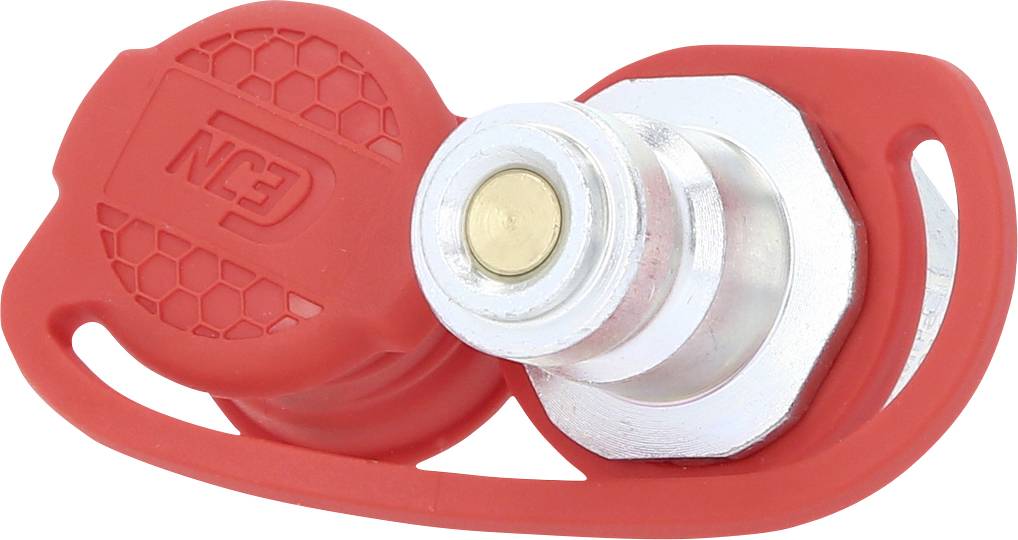 Roter Batteriehauptschalter mit hexagonalem Muster auf der Abdeckung, silberner Kontakt in der Mitte.