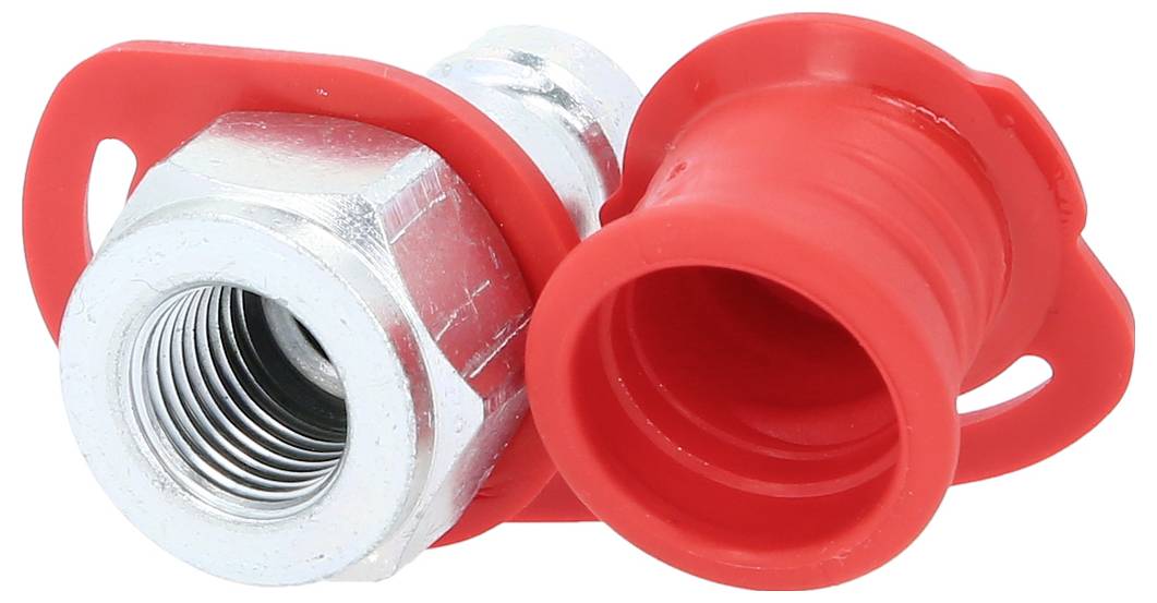 Rote Kunststoffkappe neben einer silbernen Metallmutter mit Innengewinde. Sie sind für den Verschluss und Schutz von Anschlüssen geeignet.