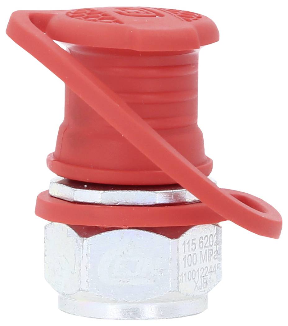 Ein roter, zylindrischer Sicherheitsschutz aus Kunststoff auf einem metallischen Gewinde, verhindert Staub oder Schmutzansammlungen.