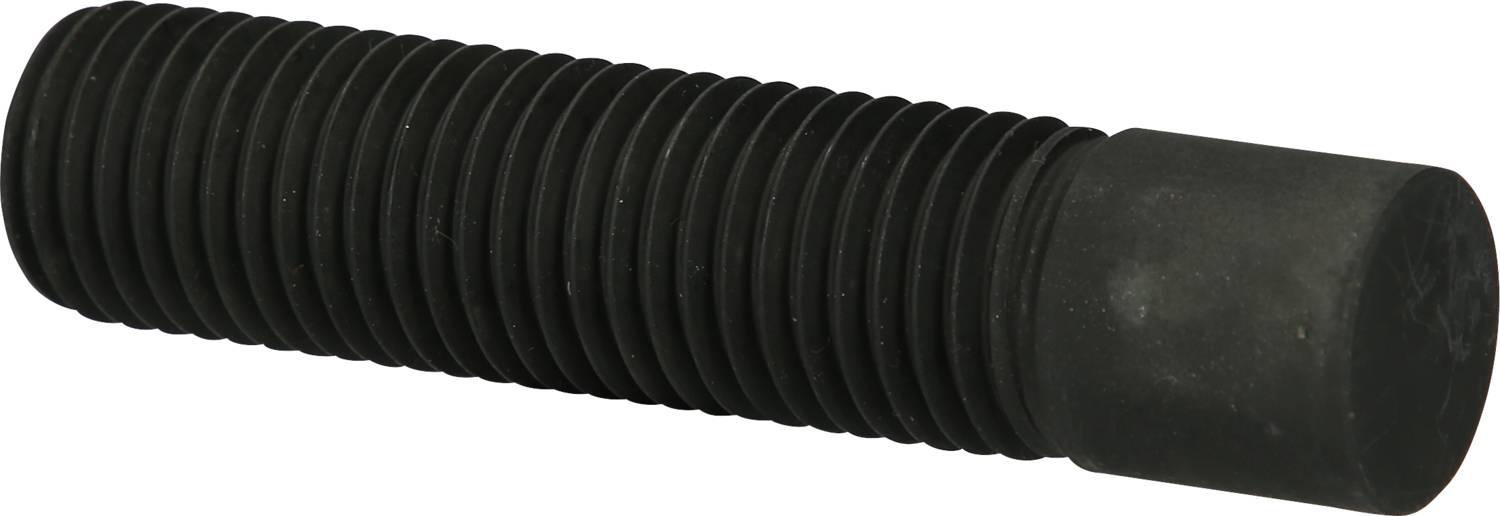 Ein schwarzer, geriffelter Bolzen mit einem glatten zylindrischen Kopfende, auf einer neutralen Oberfläche liegend.