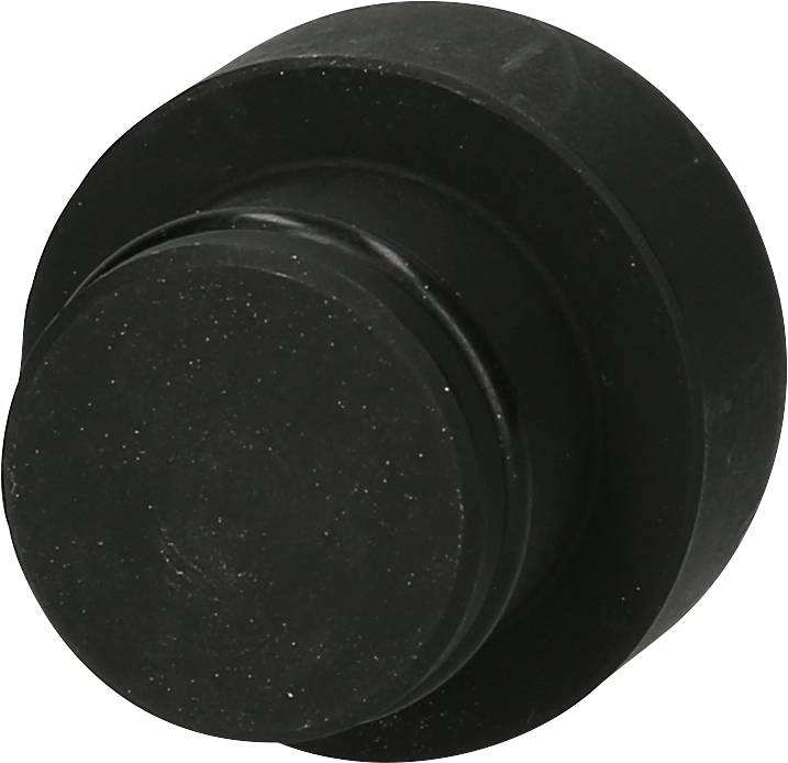 Schwarzer runder Knopf mit glatter Oberfläche, möglicherweise Teil eines elektronischen Geräts oder einer Maschine.