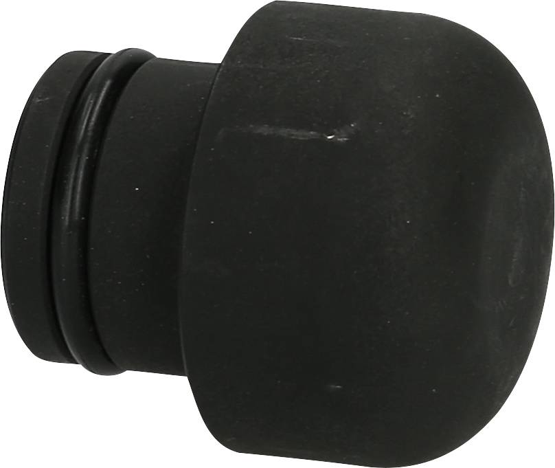 Schwarzer Kunststoffstopfen, zylinderförmig, mit O-Ring-Dichtung, verwendet zum Abdichten von Rohren oder Öffnungen.