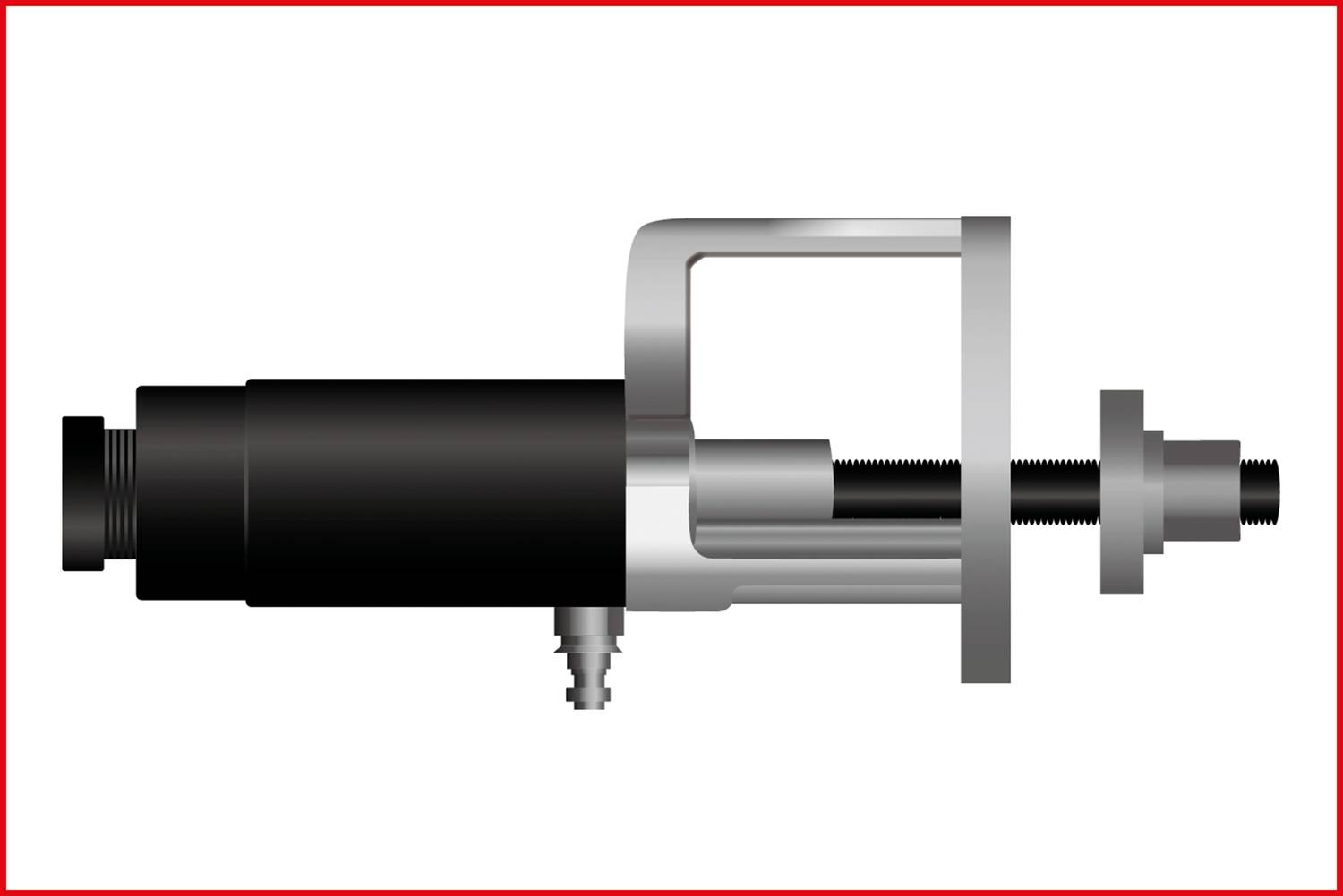 Illustration eines hydraulischen Werkzeugs mit schwarzem Zylinder und silbernen Haltegriff. Es zeigt technische Details und Komponenten.