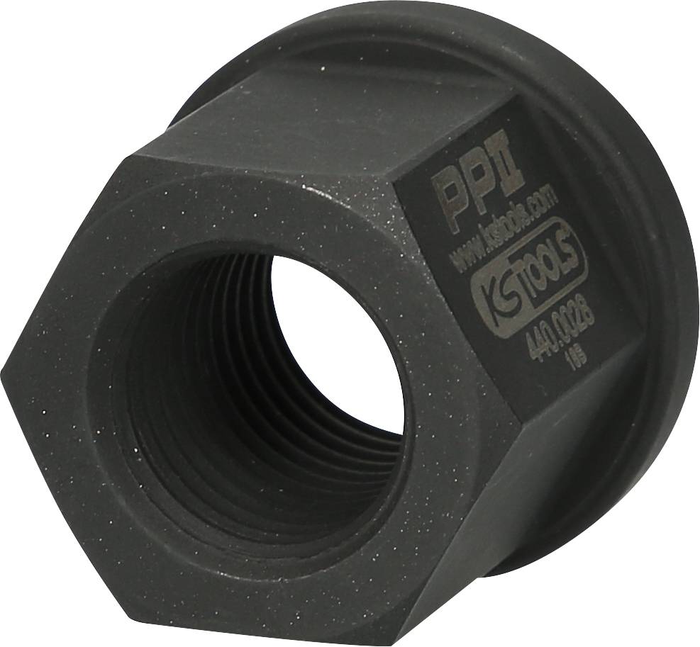 Schwarzer Sechskant-Steckschlüssel mit Innengewinde, beschriftet mit 'PP II', 'KS Tools', und '440.0026'. Werkzeug für mechanische Arbeiten.