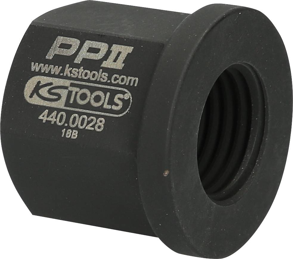 Eine schwarze KS Tools Mutternsprengbuchse mit der Aufschrift 'PP II', 'www.kstools.com', Modellnummer '440.0028 18B'.