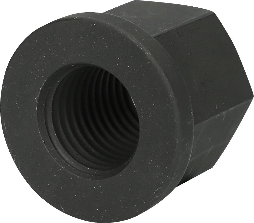 Sechskantige, schwarze Radmutter.