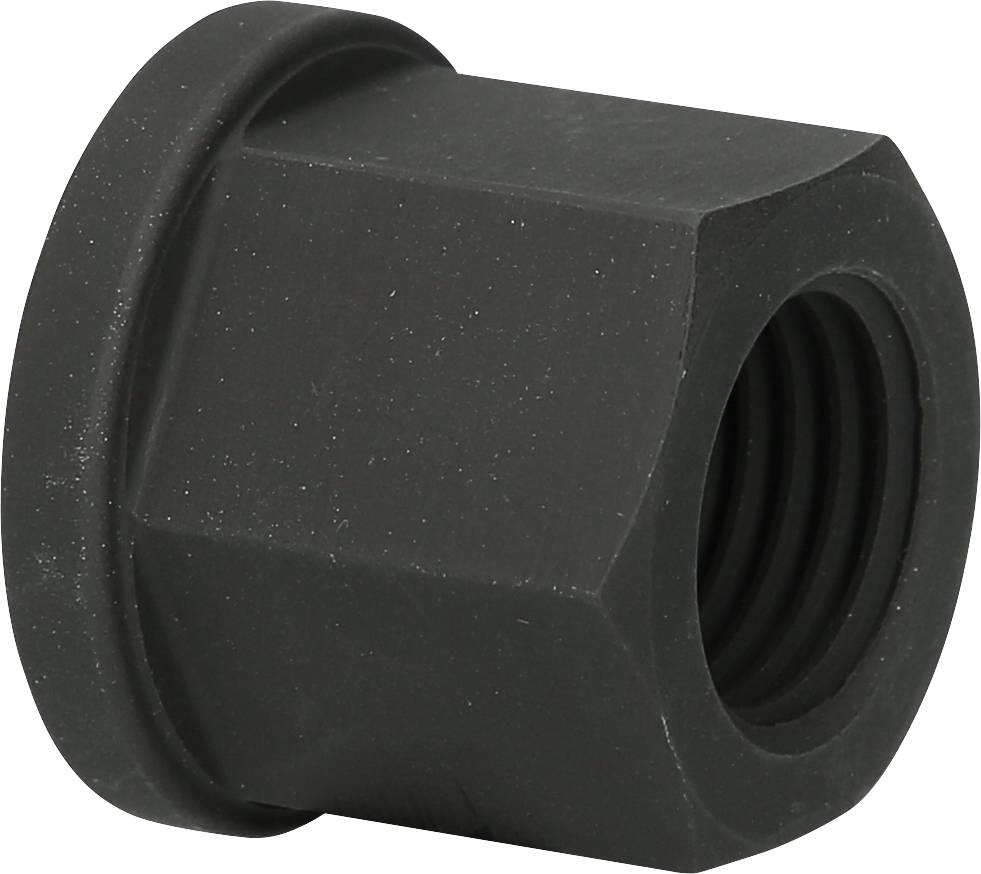 Eine schwarze Sechskantmutter mit flachen Seiten und Innengewinde, verwendet zur Sicherung von Schrauben in mechanischen Anwendungen.