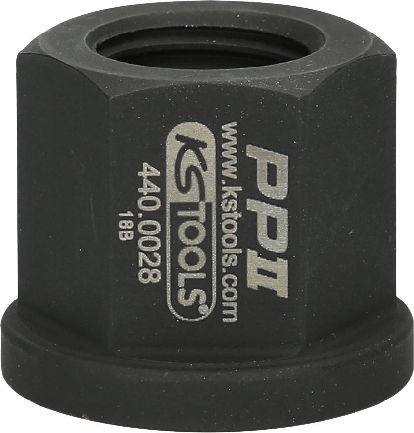 Schwarze sechseckige Mutter mit der Aufschrift 'KS Tools 440.0028' und 'PP II'. Markenname und Artikelnummer sichtbar.