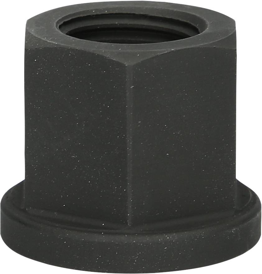 Schwarze sechseckige Mutter mit Flansch und Innengewinde, geeignet zur Sicherung auf Bolzen oder Schrauben in mechanischen Anwendungen.