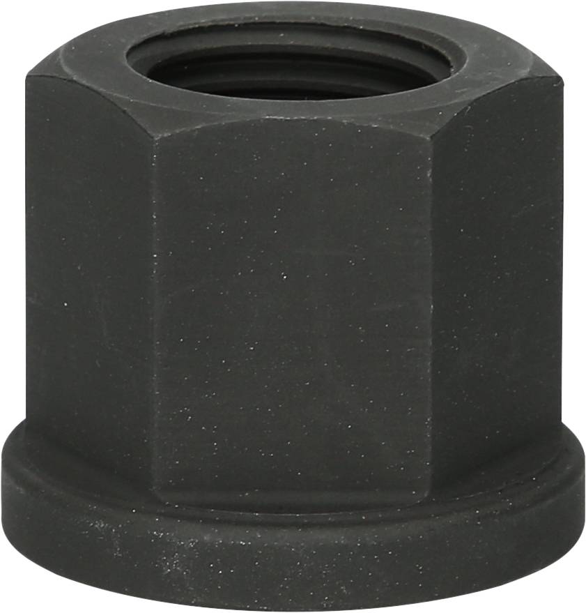 Schwarze Sechskantmutter mit flachem Rand, in Nahaufnahme von oben.