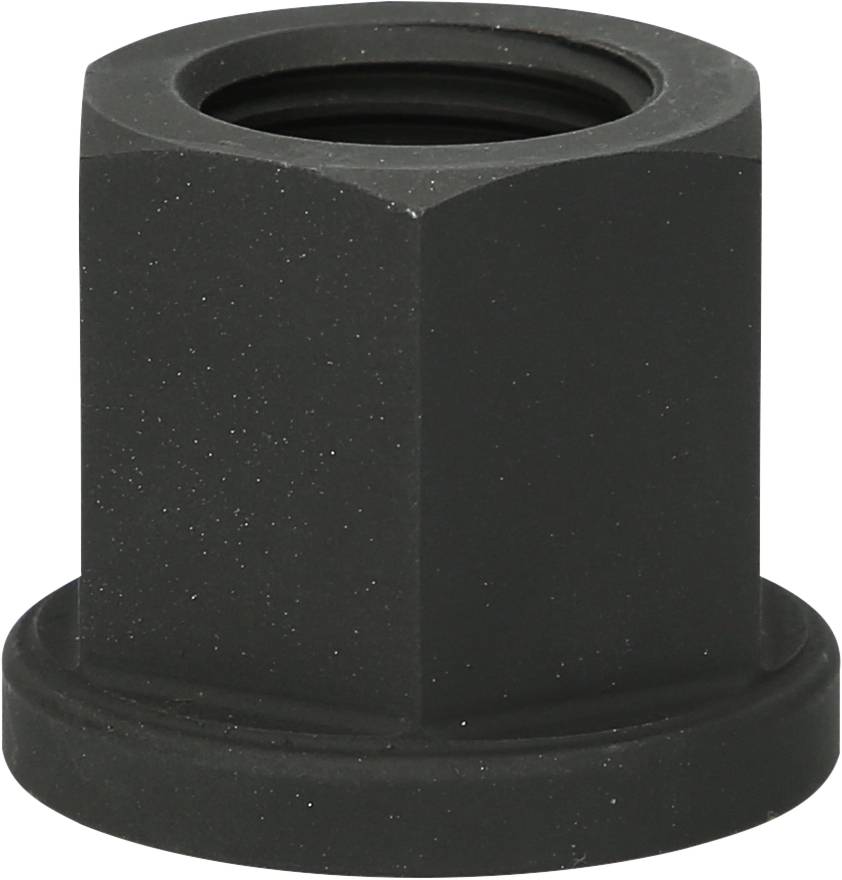 Schwarze, sechskantige Schraubenmutter mit flacher Basis, dient zur sicheren Befestigung von Schrauben oder Bolzen.