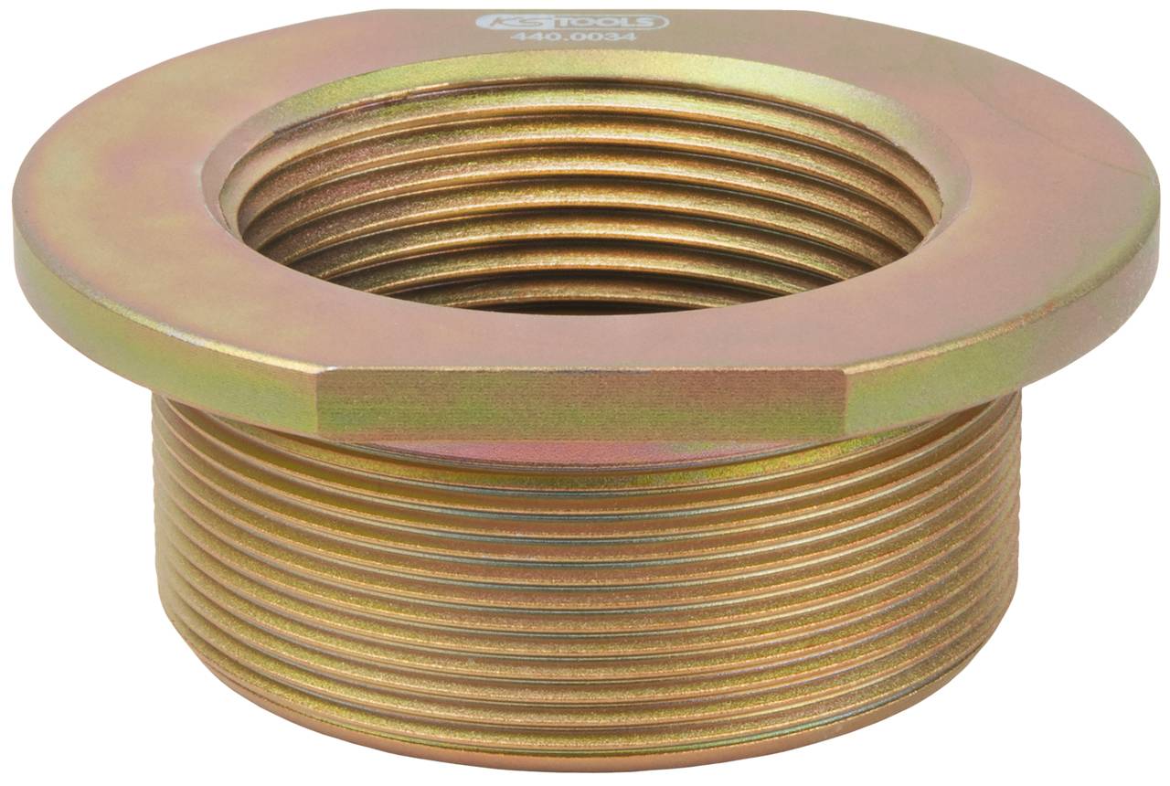 Eine metallische Ringmutter mit Innen- und Außengewinde. Sie dient als Adapter für Maschinen- oder Rohrverbindungen.
