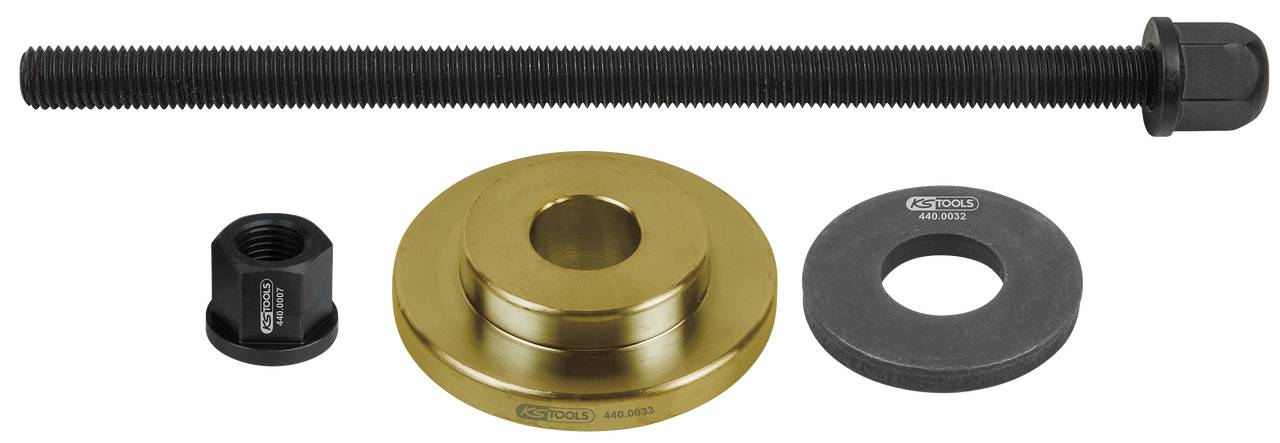 Schraubenset mit Gewindestange, goldener Scheibe, schwarzer Mutter und flacher Scheibe, möglicherweise für mechanische Anwendungen.