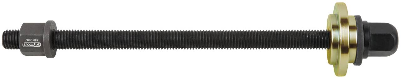 Ersatzteil: Langer, schwarzer Gewindestift mit zylindrischem Ende, Mutter und goldener Scheibe, vermutlich für mechanische Anwendungen.