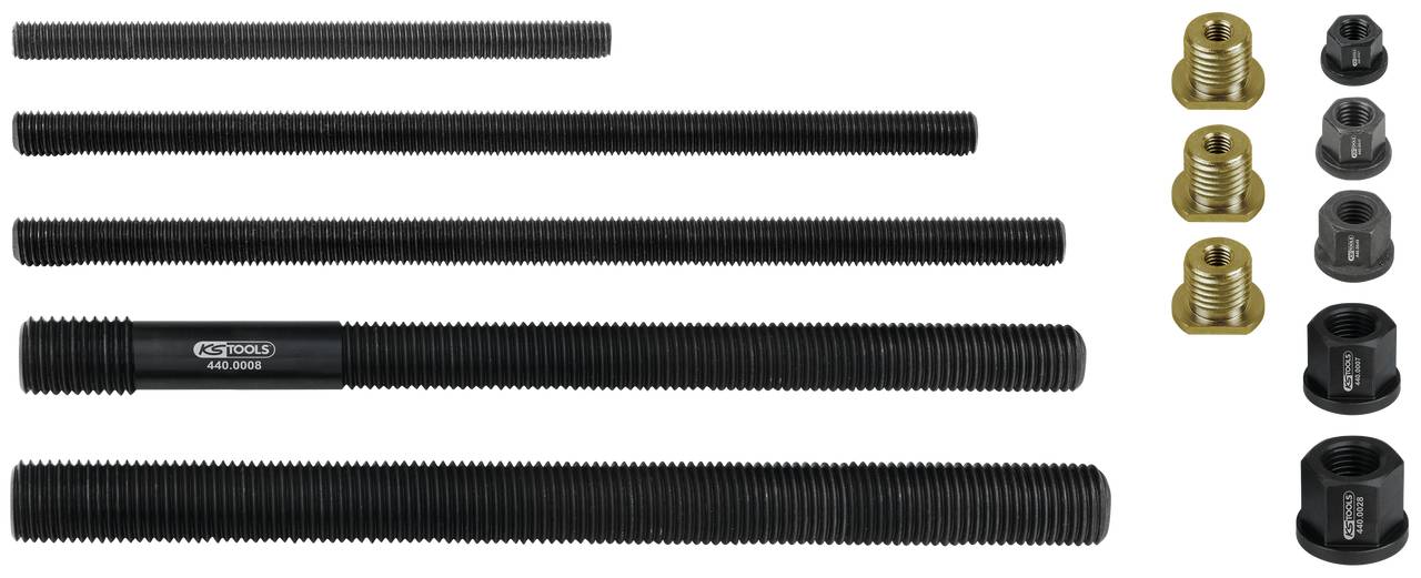 Ein Satz von sechs Schraubgewinden in verschiedenen Längen und mehreren Gewindemuttern in verschiedenen Metallfarben und -größen.