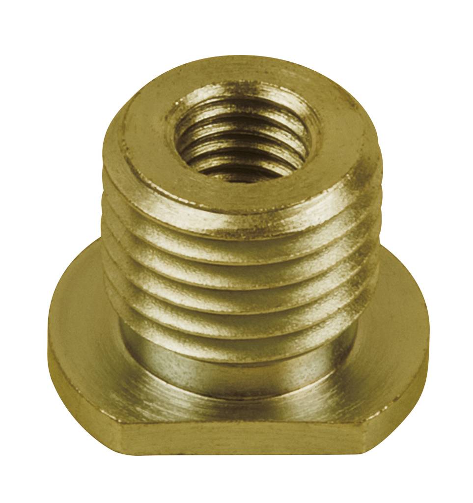 Ein goldfarbenes Metallgewinde mit einer flachen Basis, vermutlich eine Adapterbuchse oder Verschluss, liegt auf einer weißen Fläche.