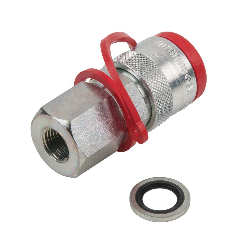 Hydraulikkupplung mit rotem Schutzring und separater Dichtung. Aus robustem Metall, geeignet für industrielle Anwendungen.