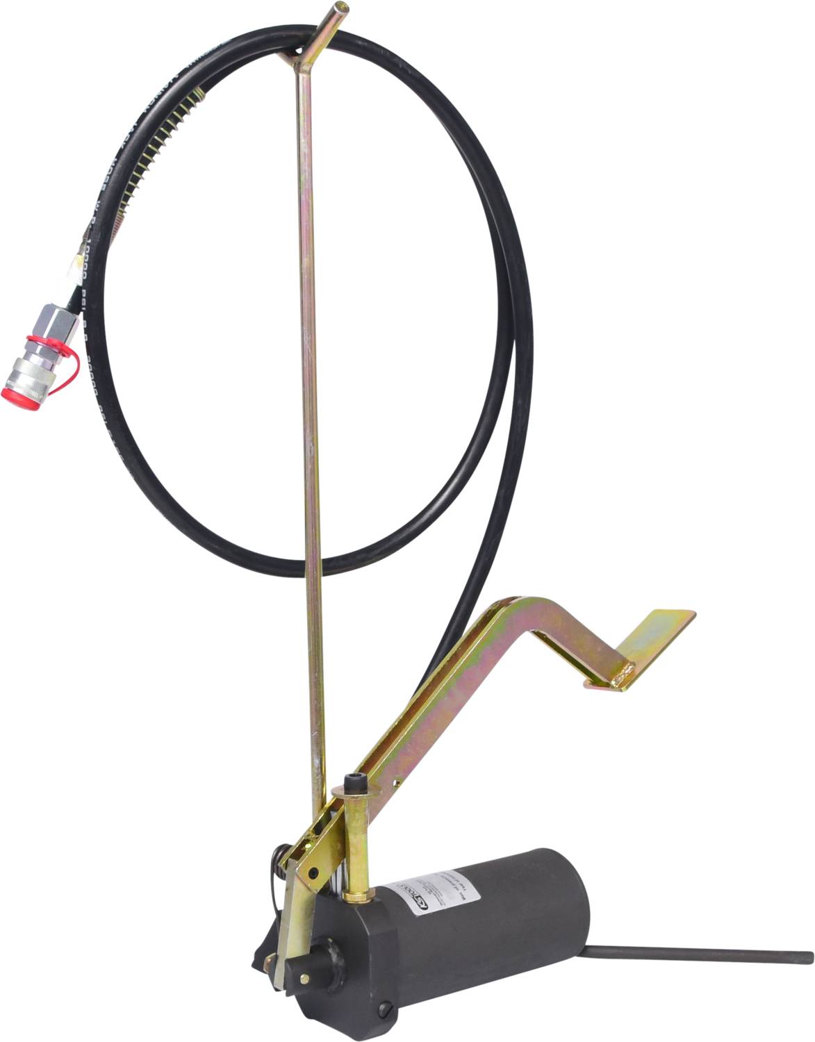 Eine Handpumpe mit langem Schlauch und Hebel, geeignet für den Einsatz in hydraulischen Systemen zur Förderung von Flüssigkeiten.