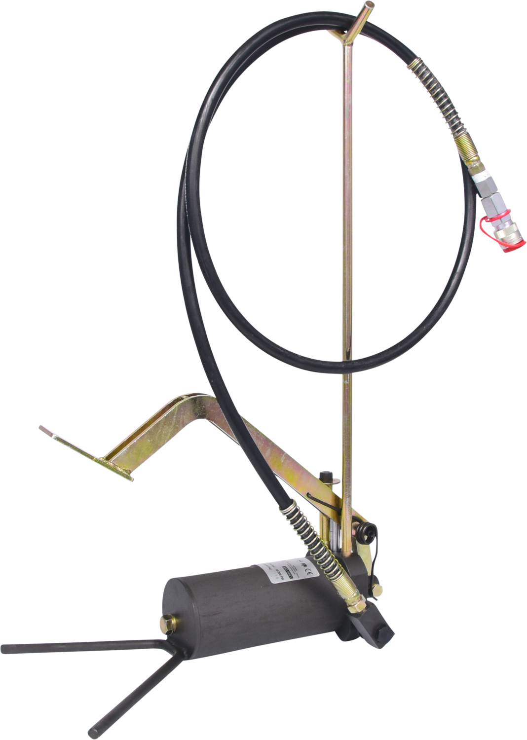 Luftbetriebene Fettpresse mit langem Schlauch und Druckhebel, zum Schmieren von Maschinen oder Fahrzeugteilen.