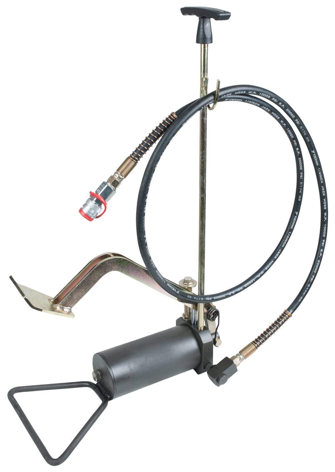 Manuelle Fettpresse mit Hebelgriff, schwarzem Zylinder und flexiblem Schlauch mit Metallkupplung.