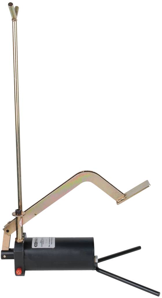 Eine schwarze Hebelpumpe mit einem langen Metallgriff und zwei Ausgängen. Sie wird zum Fördern von Flüssigkeiten verwendet.