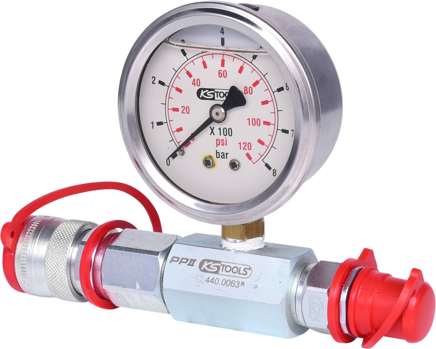 Manometer mit Skala in psi und bar, montiert auf einem Metallrohr mit zwei roten Verschlüssen, Marke KS Tools.