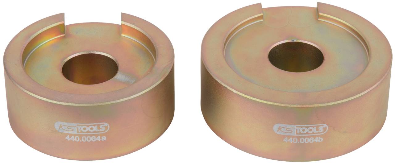 Zwei runde, goldfarbene Metallwerkzeuge von KS Tools mit der Artikelnummer '440.0064B' geprägt.