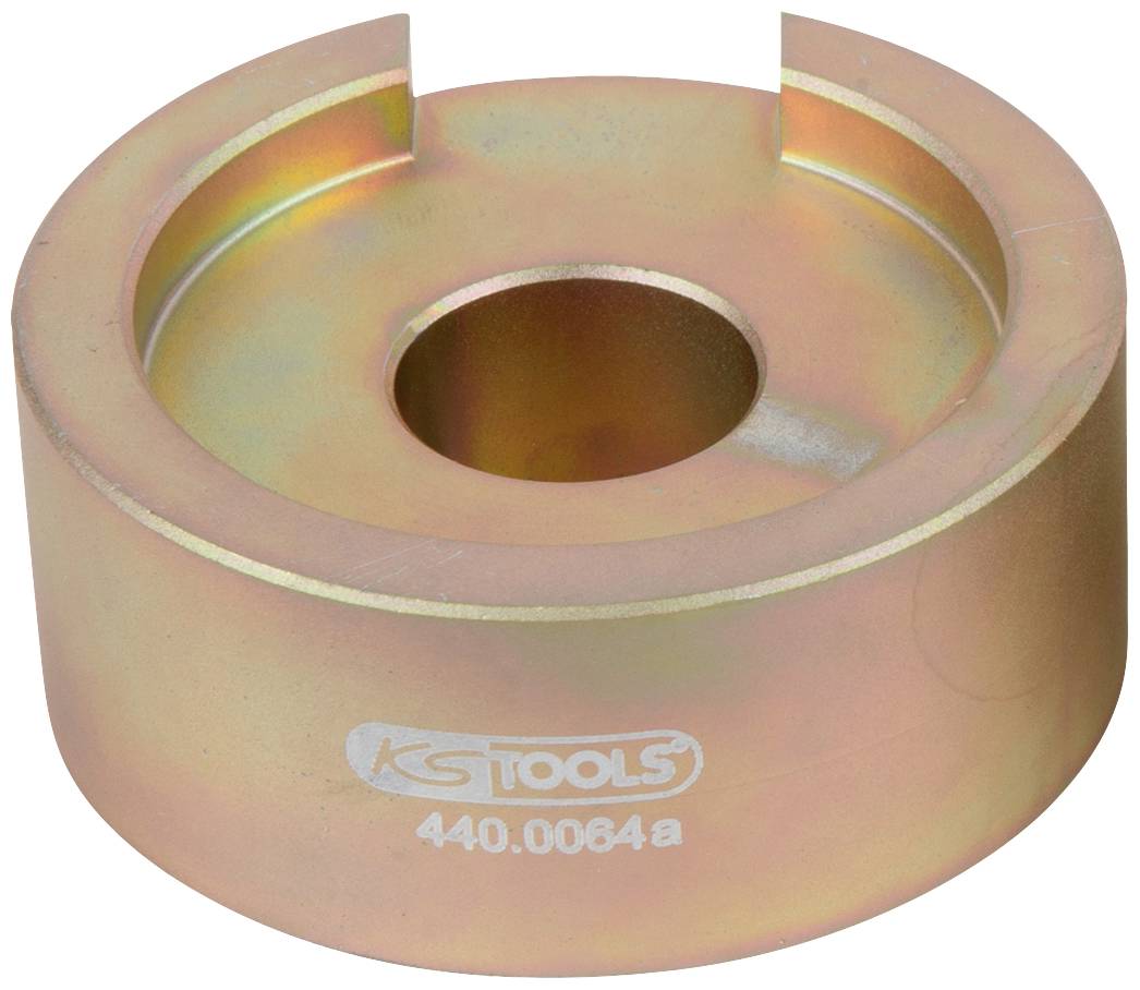 Ein runder, metallener, goldfarbener Adapterring mit zentraler Aussparung und seitlichem Schlitz. Aufschrift 'KS Tools 440.0064'.