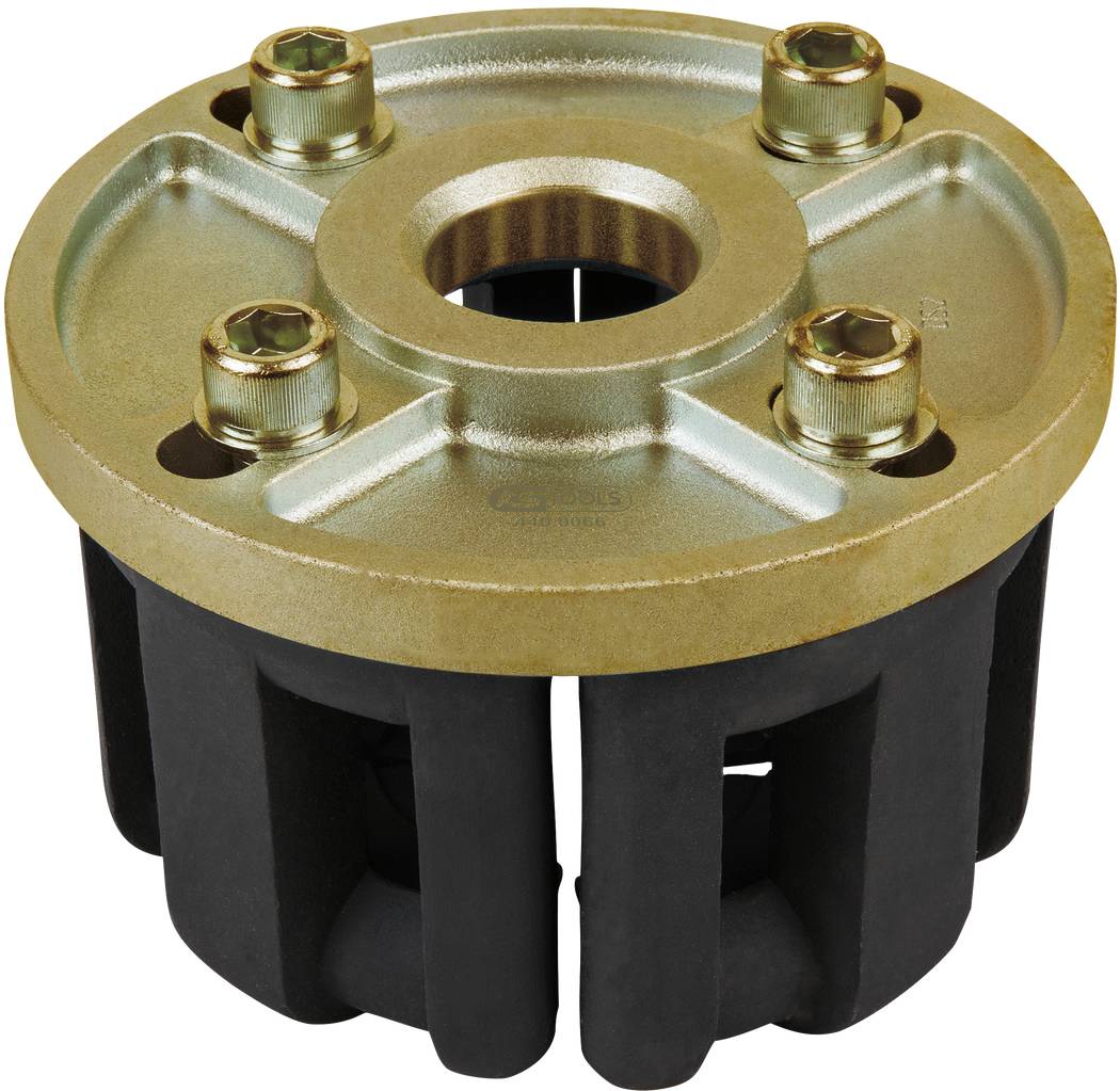 Metallische Kupplungsscheibe mit vier Bolzen und radialen Gummielementen, die für die Stoßdämpfung in mechanischen Systemen verwendet wird.