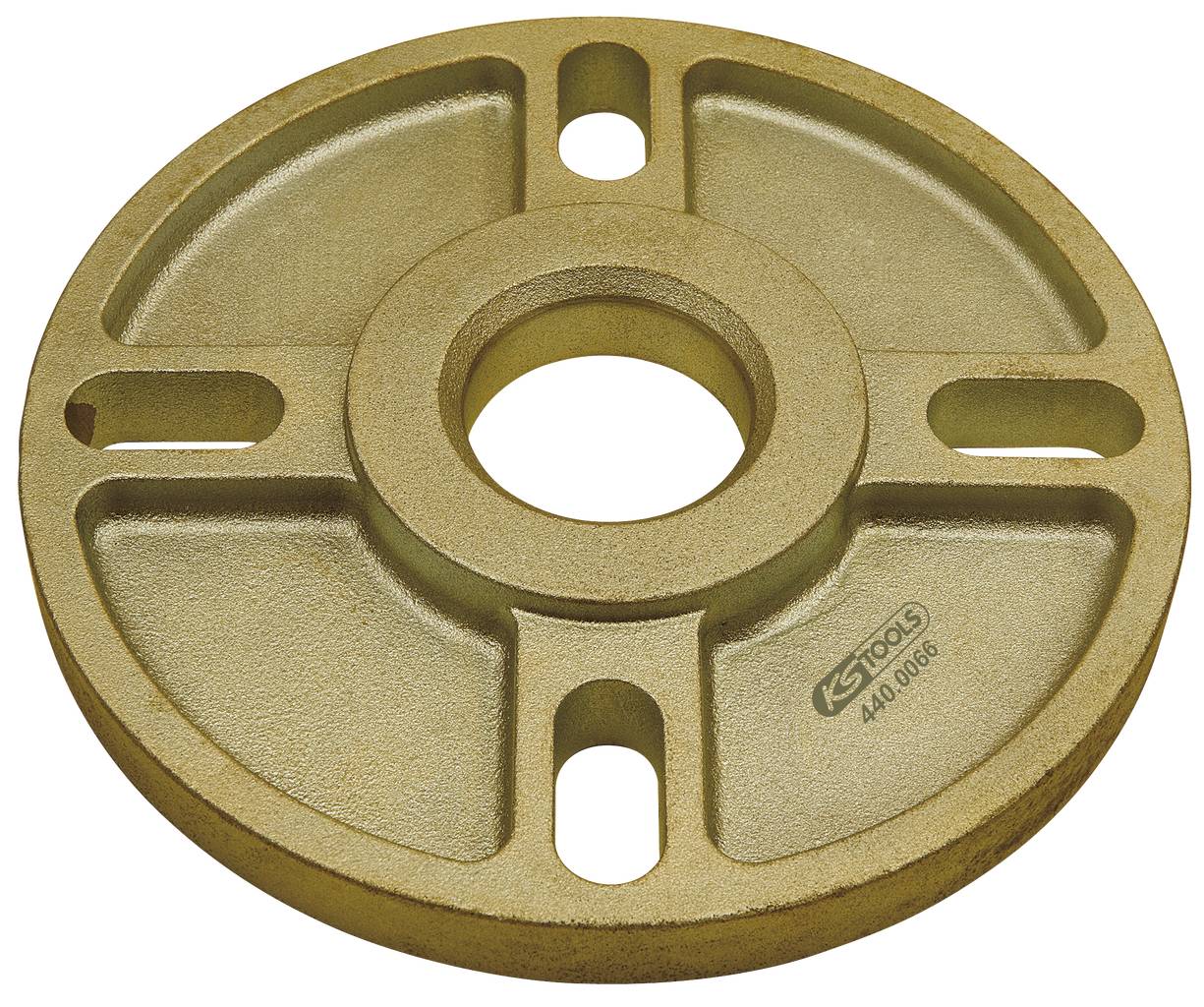 Eine runde, goldfarbene Metallplatte mit zentraler Öffnung und vier symmetrischen Schlitzen. Herstellername 'KS Tools' und Nummer darauf.