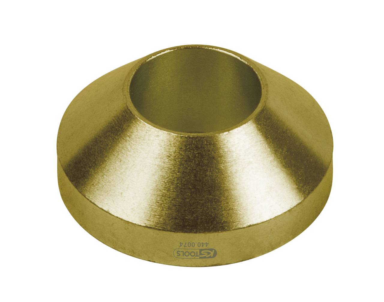 Ein goldfarbener, konischer Metallring mit einer zentralen Öffnung, vermutlich ein Maschinenbauteil oder Zubehör für Werkzeuge.