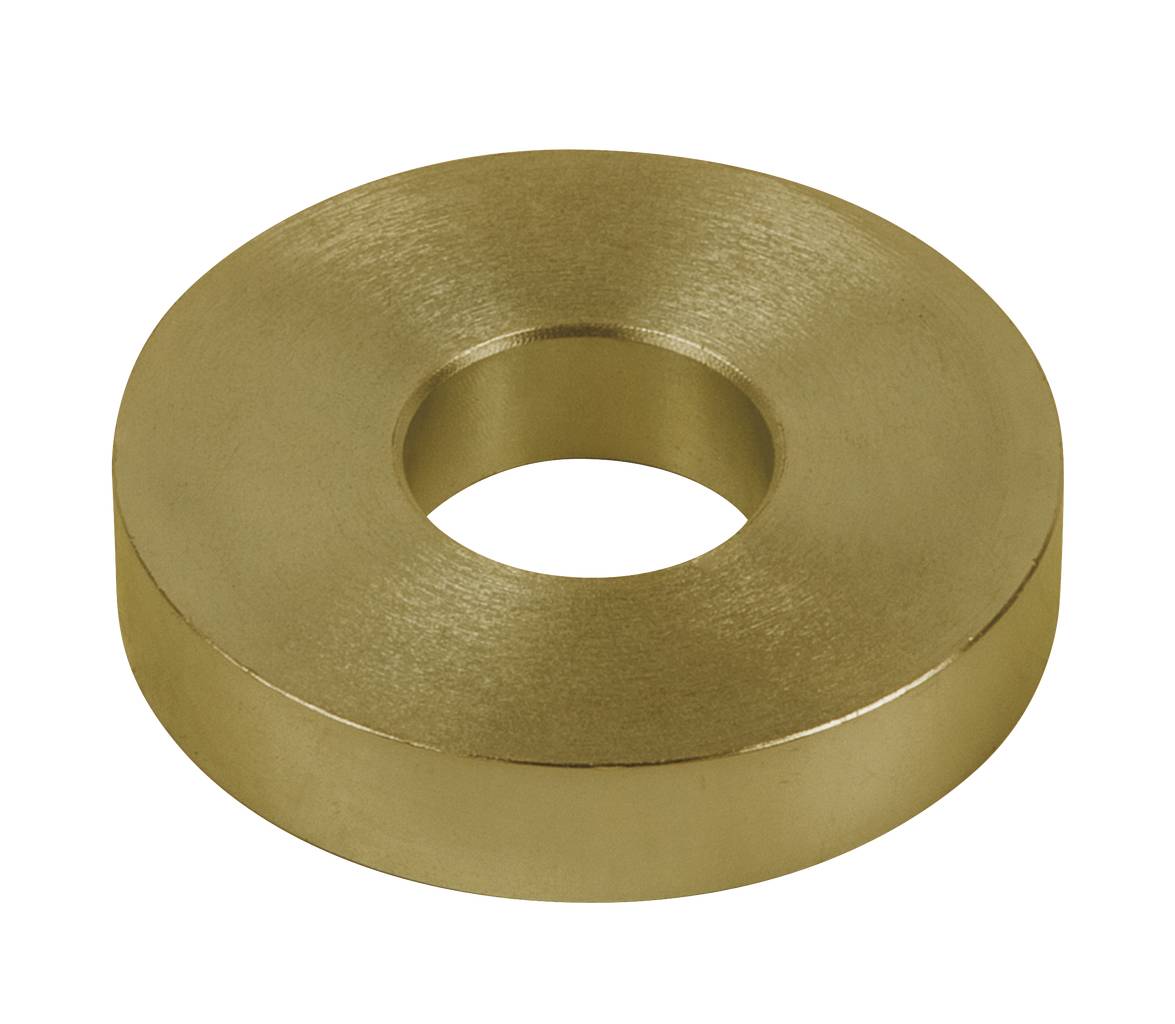 Eine runde, flache Metallscheibe mit einem Loch in der Mitte. Sie hat eine glänzende, goldene Oberfläche.